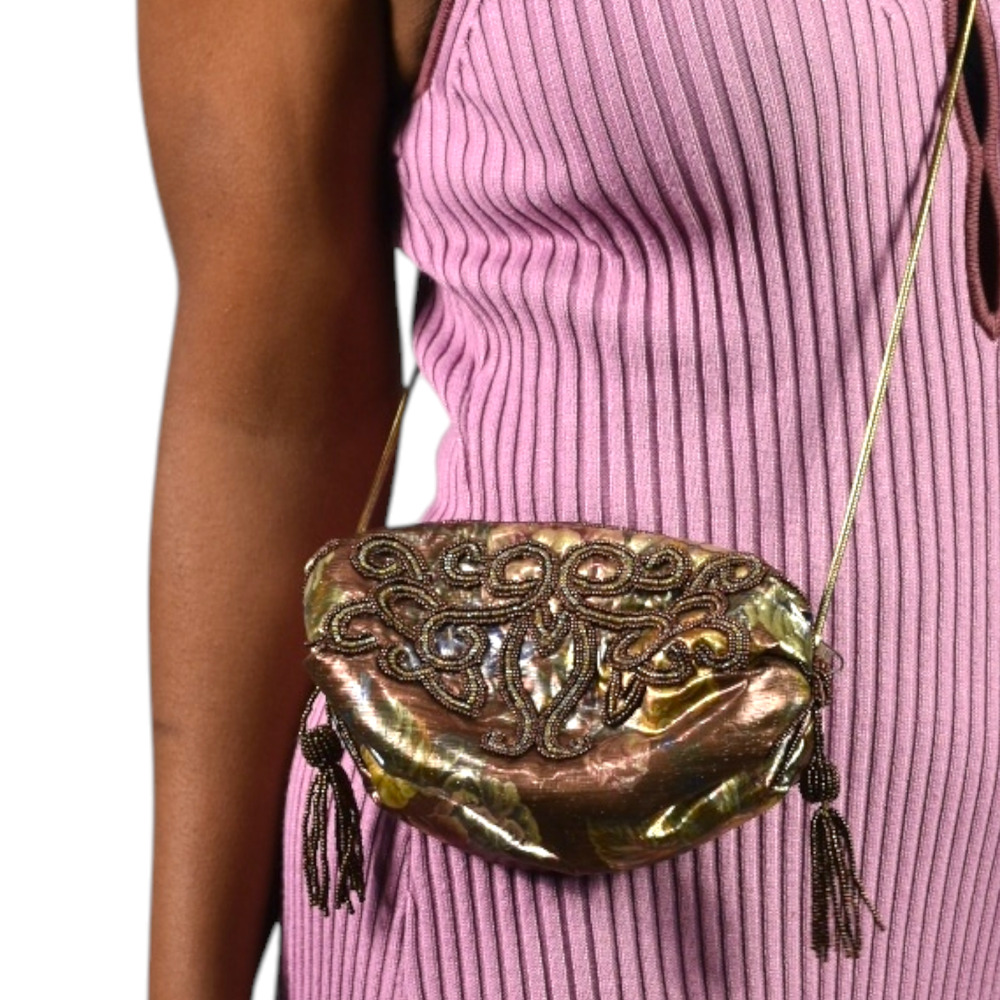 Vintage Magid Shoulder Bag Brown Iridescent Copper Beaded Handmade Shimmer Pouch